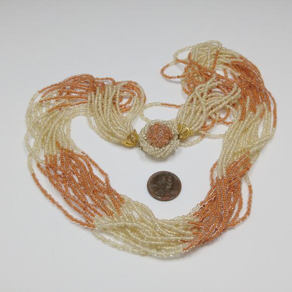 Japan 1950s Multi Strand Glass Seed Bead Necklace Beige Rust Vintage - Picture 7 of 10